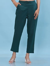 Women Green Solid Cotton Pants with Partially Elasticated Waistband and Two Side Pockets-J4955OT9GREEN